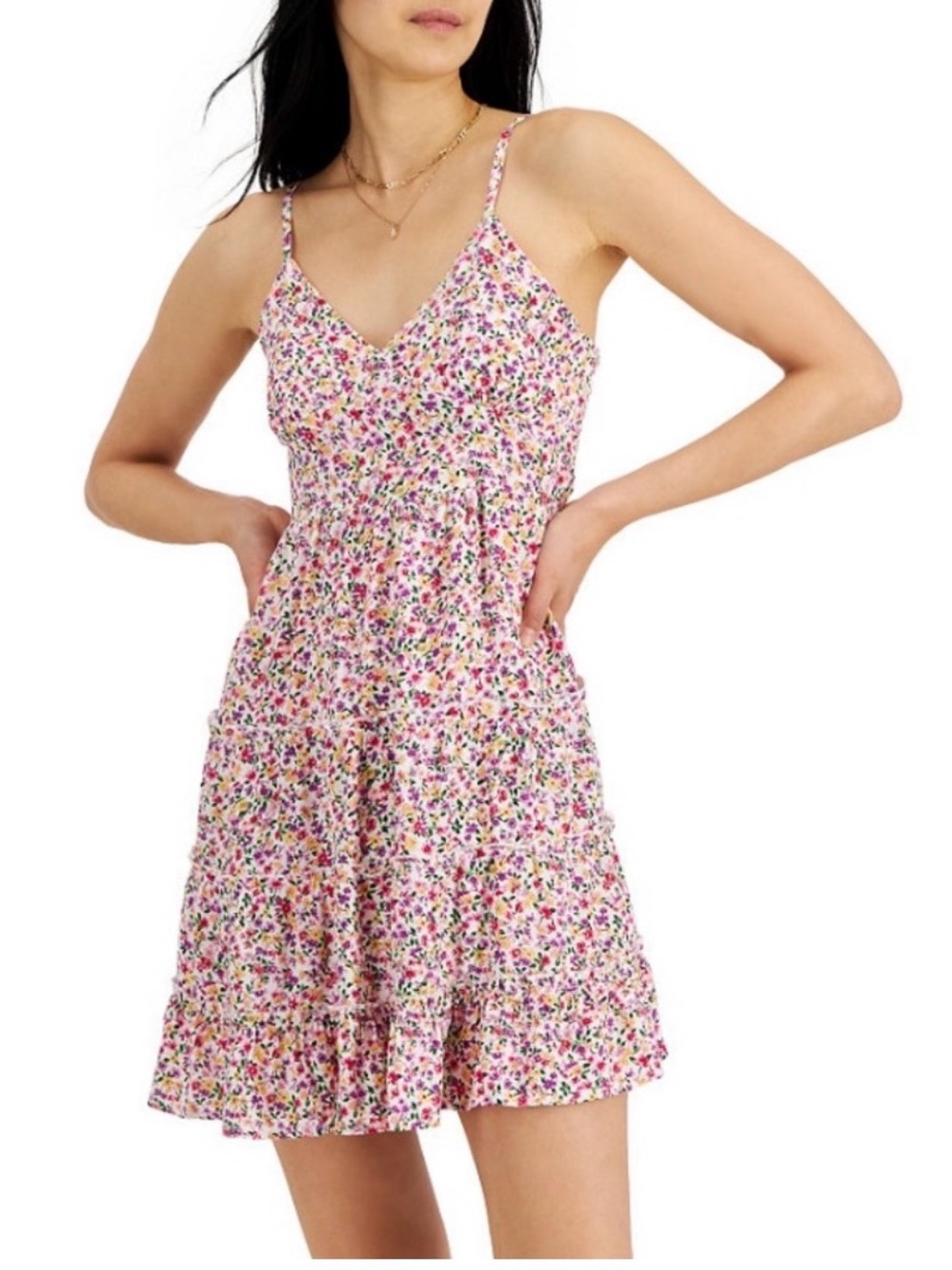 Just Polly Large Floral Print Spaghetti Strap V-neck Summer Babydoll Dress